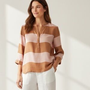 Fossil neutral striped Crew Neck silk  Blouse classic preppy timeless Old Money